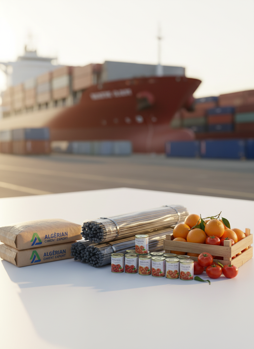 A neatly stacked assortment of Algerian export products arranged on a wide, clean white surface: robust cement bags with crisp labeling, neatly wrapped steel rebar bundles, glossy canned food products, and vibrant crates of fresh oranges and tomatoes. In the distance, a modern cargo ship and shipping containers in muted colors are softly blurred, suggesting an active port. Natural late afternoon sunlight streams from the left, creating gentle highlights on metallic surfaces and soft shadows under the products. Photographic realism, eye-level composition with shallow depth of field, professional and trustworthy mood, emphasizing organization, quality, and reliability suitable for an international export company homepage hero image.