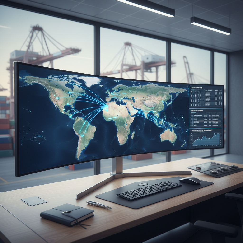 A modern logistics control desk featuring a large, ultra-wide monitor displaying a detailed world map with shipping routes connecting Algeria to Europe, Africa, and the Middle East. Next to the map, digital dashboards show container tracking, departure schedules, and temperature monitoring for perishable goods. The desk surface is clean, with a closed notebook and a neatly aligned pen. The background reveals large windows overlooking a blurred industrial port with cranes and stacked containers. Soft, natural daylight mixes with subtle cool office lighting, creating a calm, analytical atmosphere. Photographic realism, slightly elevated angle, conveying technological sophistication and precise export management.