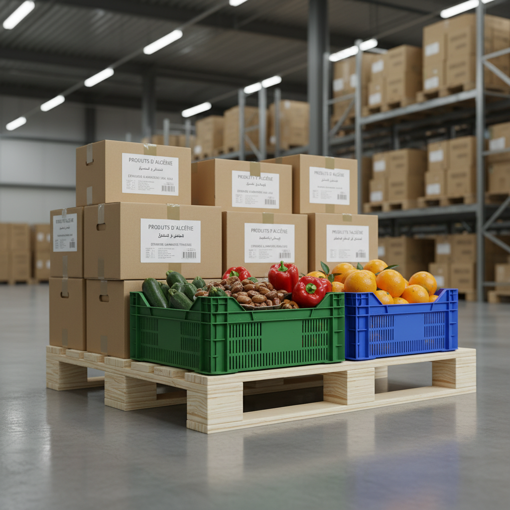 An immaculate wooden export pallet loaded with carefully arranged cardboard cartons, labeled in French and Arabic, alongside sturdy plastic crates overflowing with fresh Algerian vegetables and fruits: deep green zucchinis, bright red peppers, glossy dates, and sunlit oranges. The pallet rests on a polished concrete warehouse floor, with tall industrial shelving and neatly stacked boxes softly out of focus behind. Cool, diffused overhead warehouse lighting casts even illumination with subtle reflections on plastic and fruit skins. Photographic realism, slightly elevated angle with strong depth, conveying professionalism, efficiency, and logistical precision in a modern export facility.