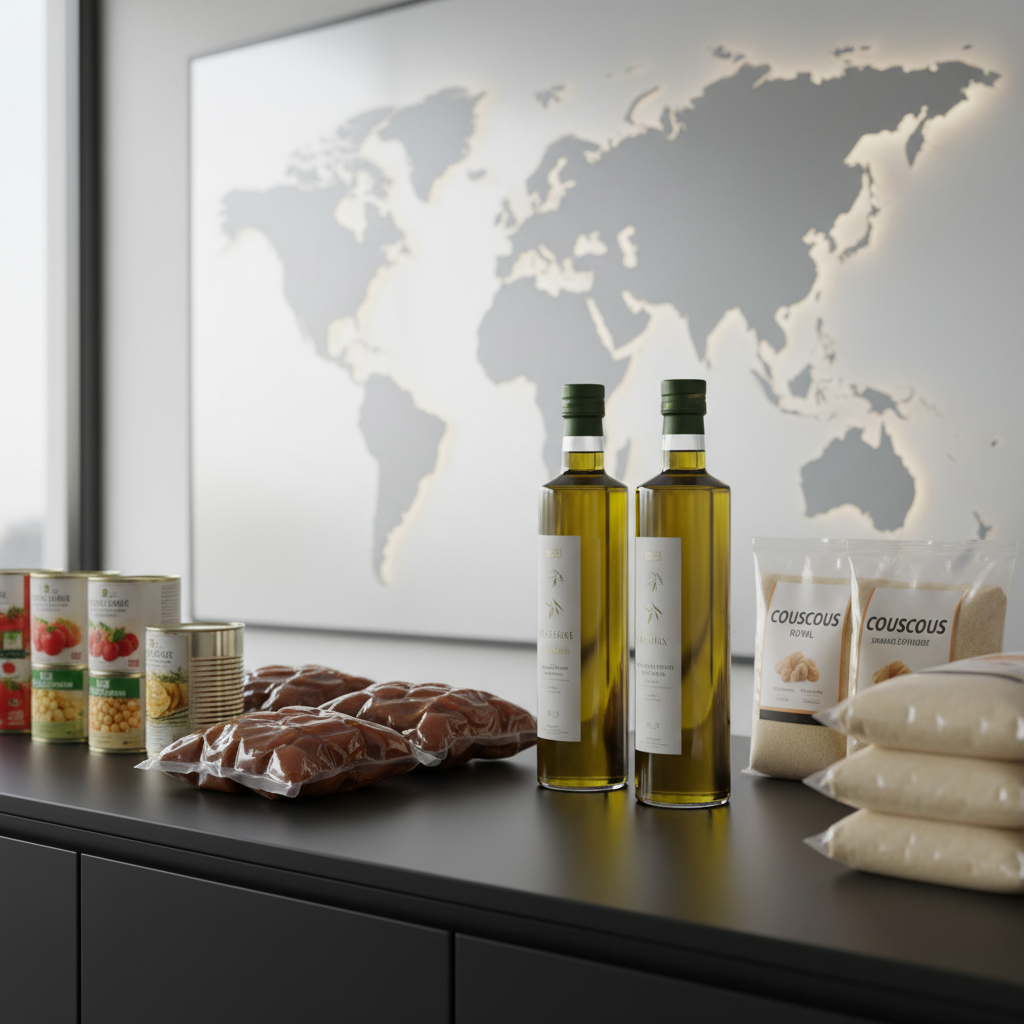 An elegant arrangement of Algerian agro-food export products displayed on a sleek, matte black counter: premium bottled olive oil with greenish-gold reflections, vacuum-packed dates with rich caramel tones, labeled canned vegetables, and neatly sealed bags of semolina. Behind, a subtle map outline of the world is faintly visible as a graphic on a frosted glass wall, suggesting international reach. Soft, diffused daylight from a large unseen window creates delicate highlights on glass and metal surfaces, with a calm, professional atmosphere. Photographic realism, centered composition with moderate depth of field, conveying quality, traceability, and global export orientation for a corporate presentation section.