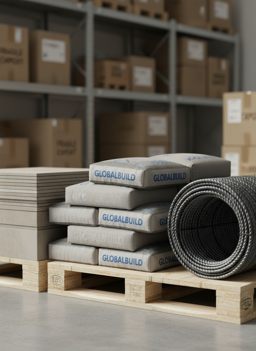 A close-up, photographic realism shot of high-quality construction materials ready for export: smooth grey cement bags with crisp printed branding, neatly aligned ceramic tiles with subtle matte textures, and coiled steel rebar with detailed metallic reflections. The materials are positioned on a clean wooden pallet within a modern warehouse, with blurred rows of shelving and labeled boxes receding into the background. Soft, directional studio-style lighting from the right creates defined highlights and gentle shadows, revealing texture and solidity. The mood is solid, reliable, and technical, captured at a slightly low angle to emphasize strength and durability, ideal for showcasing construction export capability.